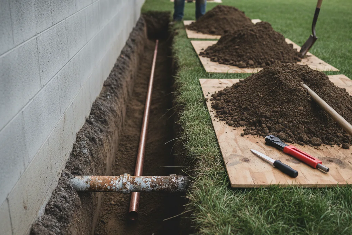 Excavated water line trench during Water Heater Repair in Reevesville